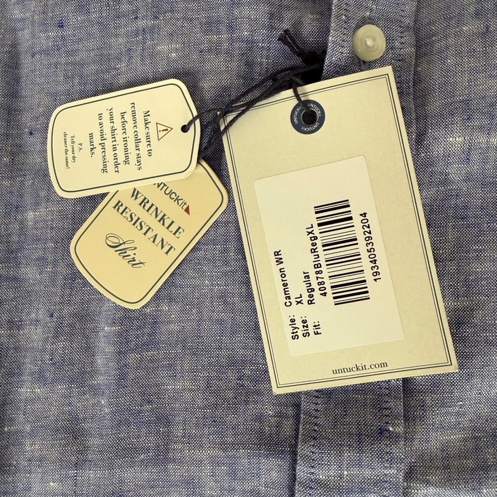 UNTUCKit Mens XL Blue Linen Wrinkle Resistant Short Sleeve Shirt NEW Button Up - Picture 3 of 7